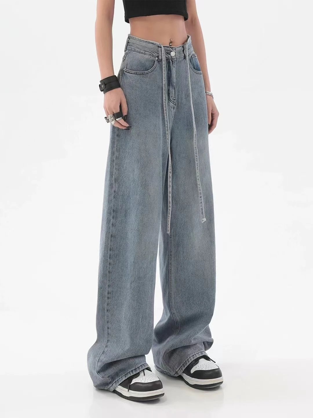

Lace-up high-waist jeans women's Fashion Harajuku Straight Pants spring autumn new high-waist drape wide-leg mopping denim pants