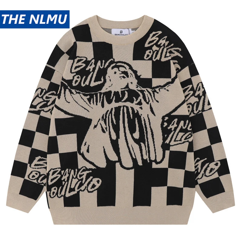 

Мужской свитер 2023, хипстерский винтажный клетчатый Графический вязаный свитер в стиле хип-хоп, повседневный Свободный пуловер, свитер, уличная одежда, вязаная одежда Y2K