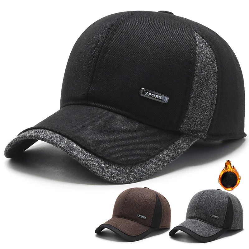 

Men's new trend stitching design warm baseball cap winter plus velvet thick outdoor sports windproof ear protection peaked cap