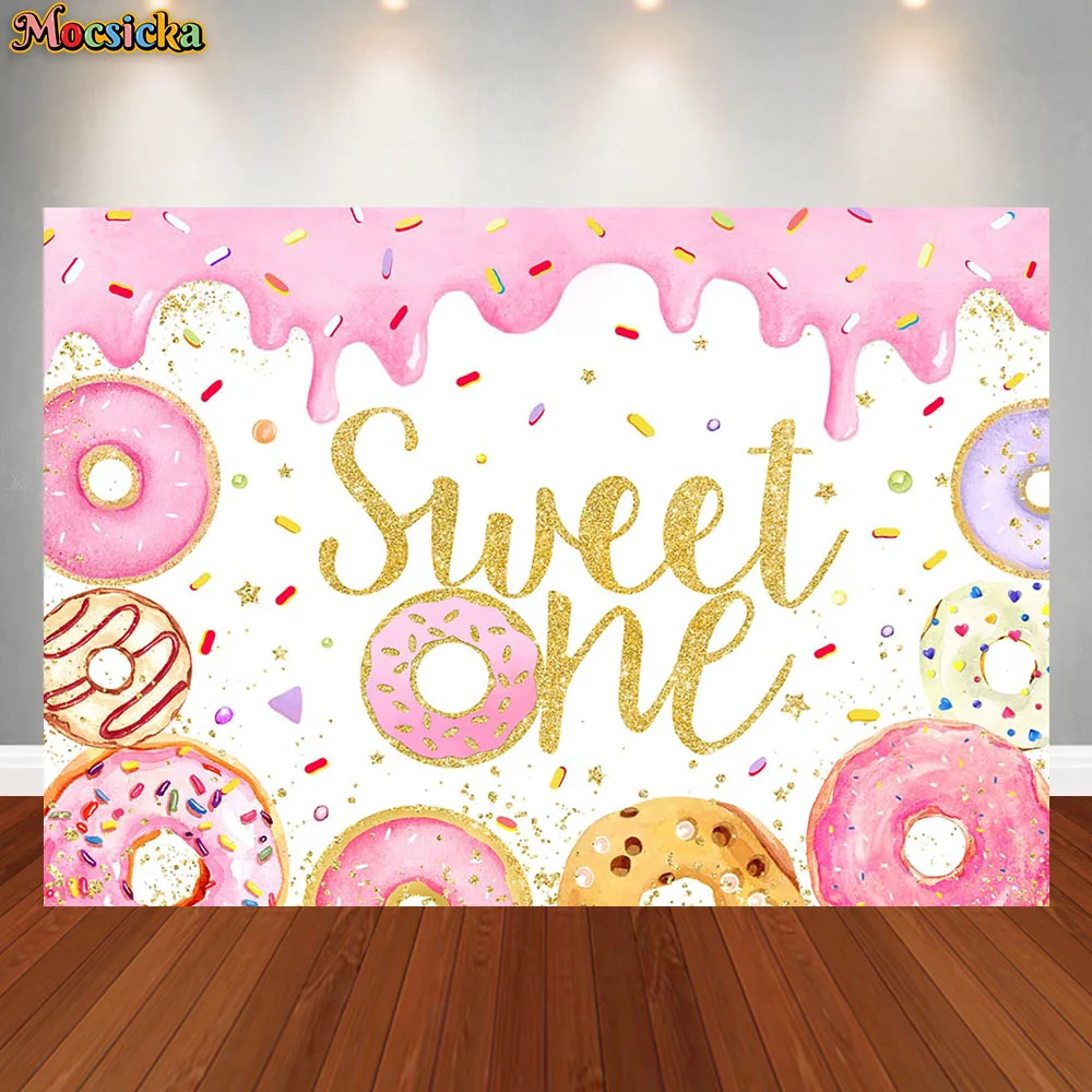

Mocsicka Donut Sweet Birthday Poster Backdrop Girl Candy 1st Birthday Party Photography Background Dessert Table Decor Banner