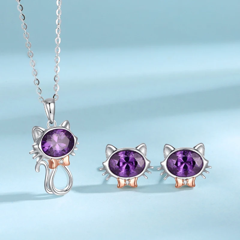 

Ожерелье и серьги из стерлингового серебра S925 пробы, модные ювелирные изделия с кристаллами, милая кошка, бесплатная доставка, фиолетовый, п...