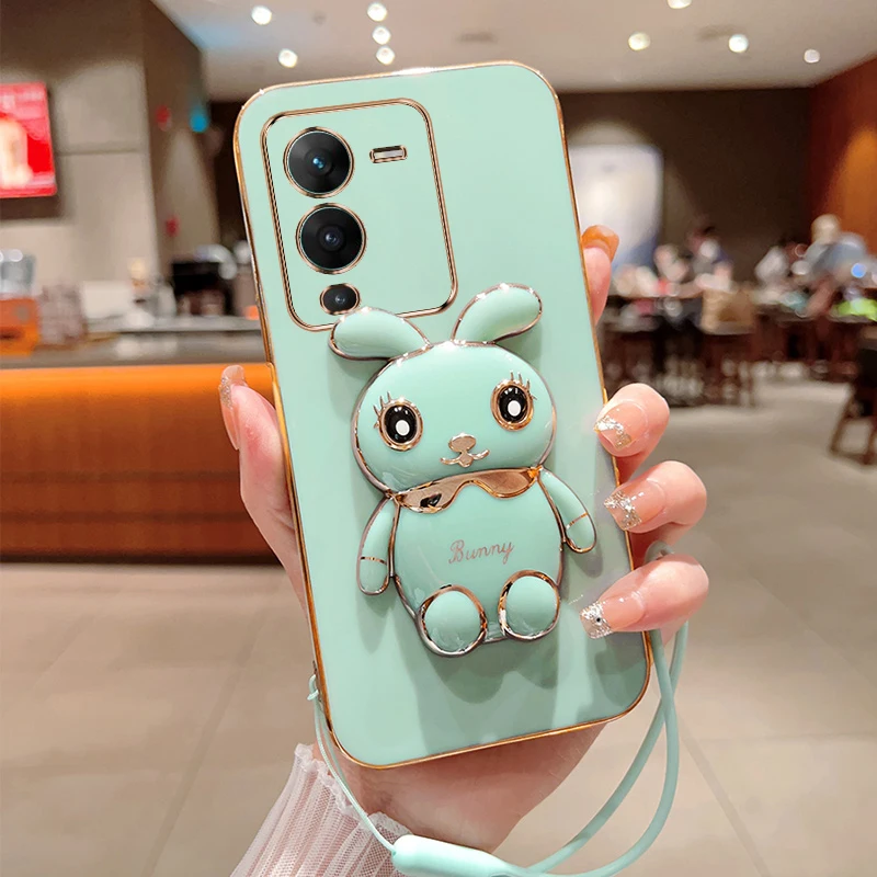 

Cute Cartoon Rabbit Fold Stand For VIVO S15 Pro Phone Case With Lanyard Luxury Plating Cover