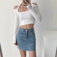 spring and summer new street style solid color high waist washed stitching denim skirt womens stretch tight denim skirt women