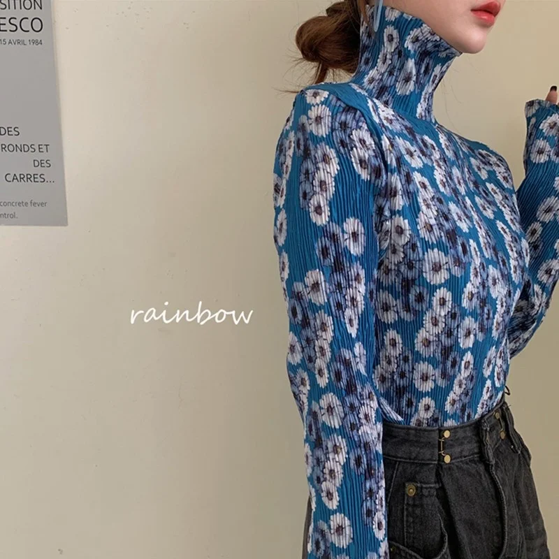 

Women T-shirt Fashion Daisy Print Turtleneck Mesh Tops Autumn Long Sleeve Shirts Party Ladies Korean Style Tops Spring Y575
