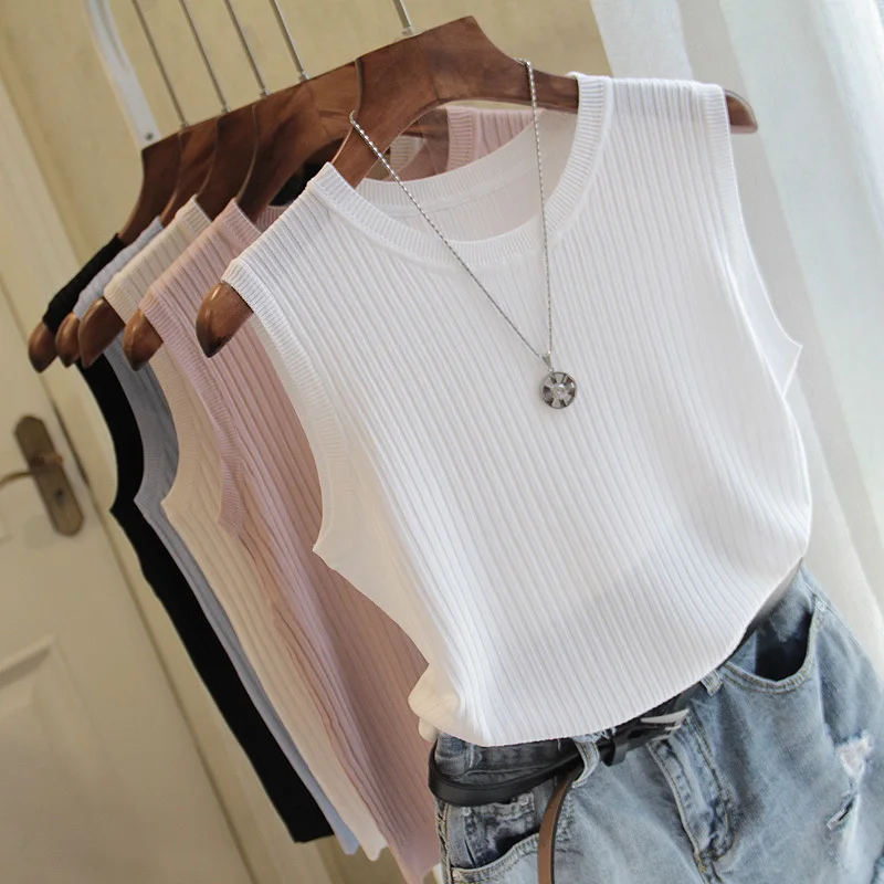 

Модная женская блузка 2023, летняя блузка без рукавов, женская трикотажная блузка с круглым вырезом, рубашка, женская одежда, Женские топы и блузки