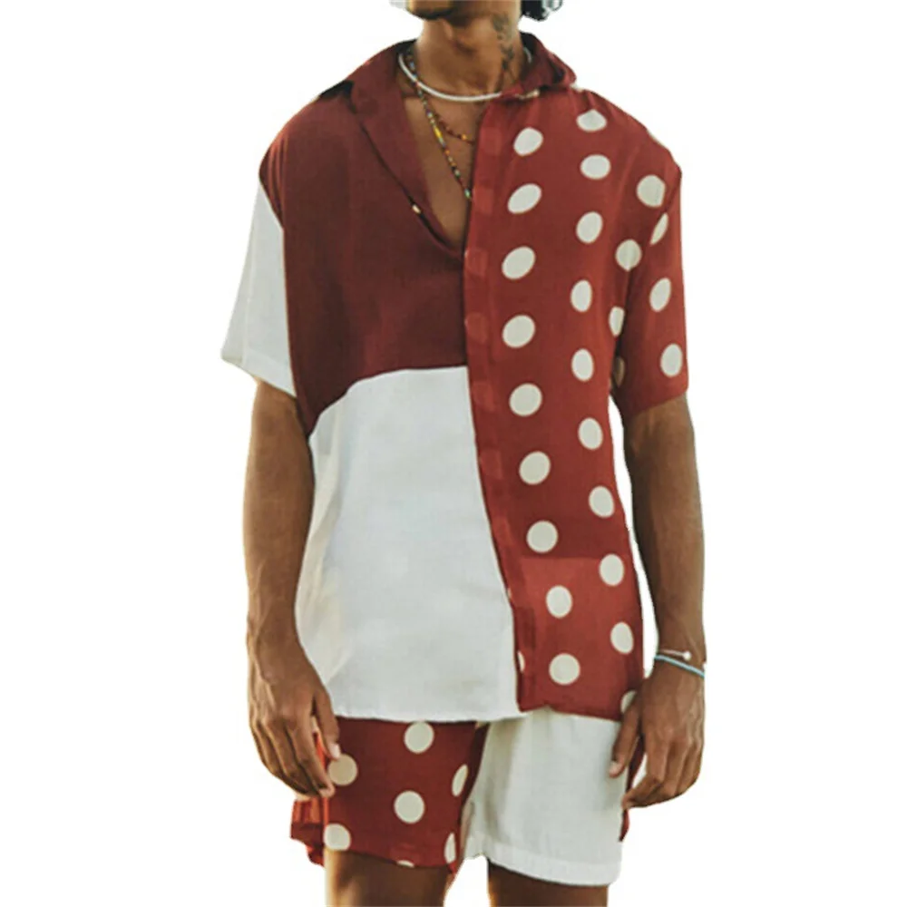 

2022 Summer Men's Shirt Short Sleeve Polka Dot Casual Turn Down Collar Cardigan Man Vintage Spell Color Shirts