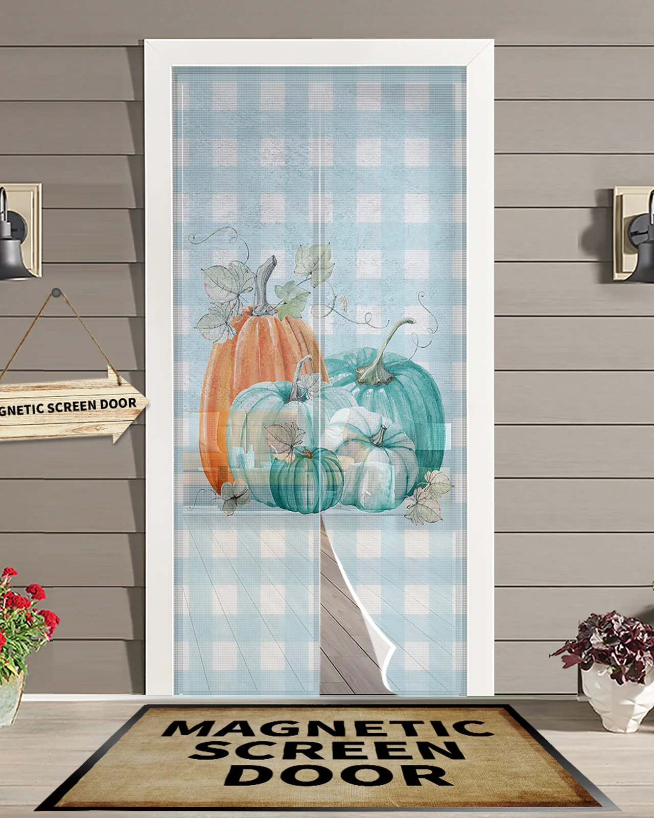 

Fall Pumpkin Thanksgiving Blue Plaid Indoor Door Window Screens Printed Mosquito Net Bedroom Home Decor Gauze Door Curtain