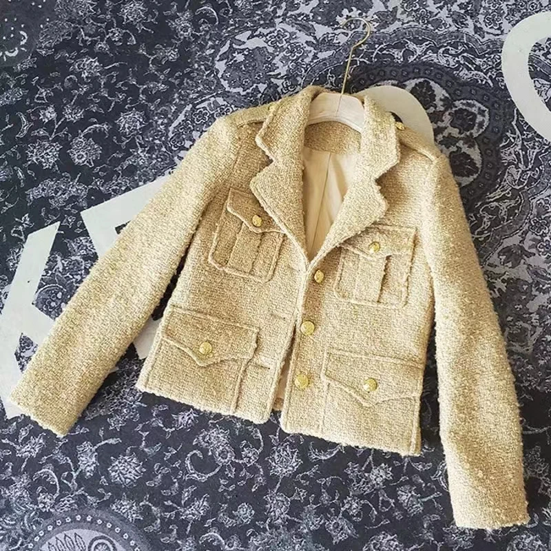 Женская шерстяная твидовая куртка маленькая винтажная кофейного цвета с