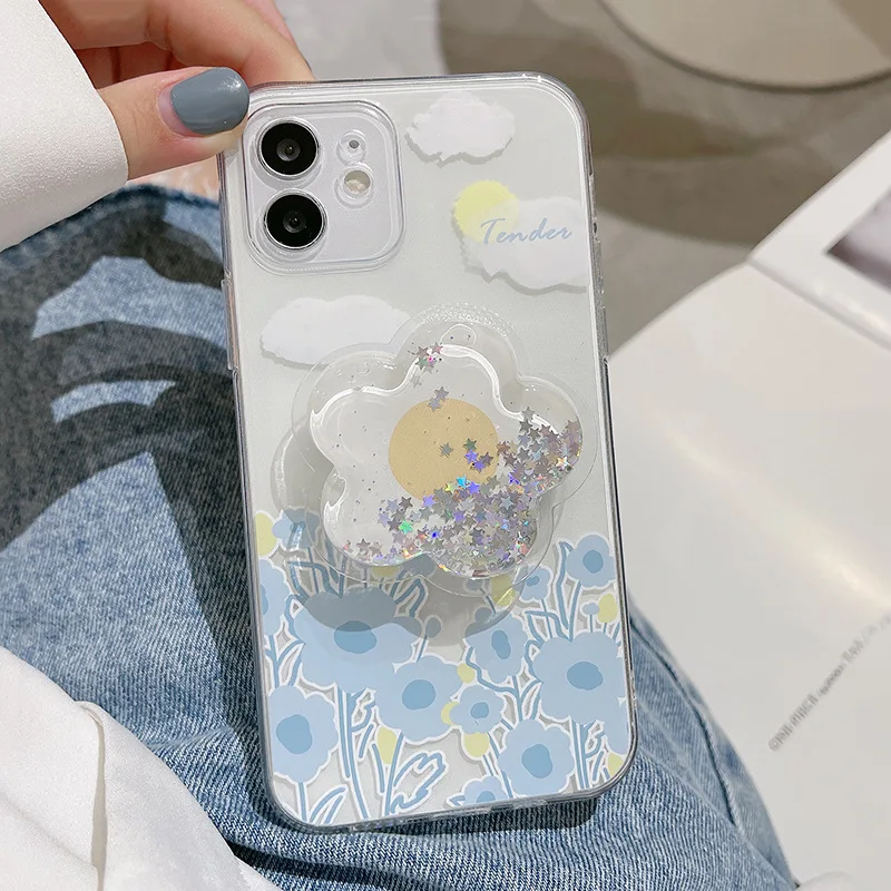

Simple Ins Style Blue Flower Phone Case with Holder for iPhone 14 13 12 11 Pro XS Max 8 7 Plus X XR Shockproof Phone Cover