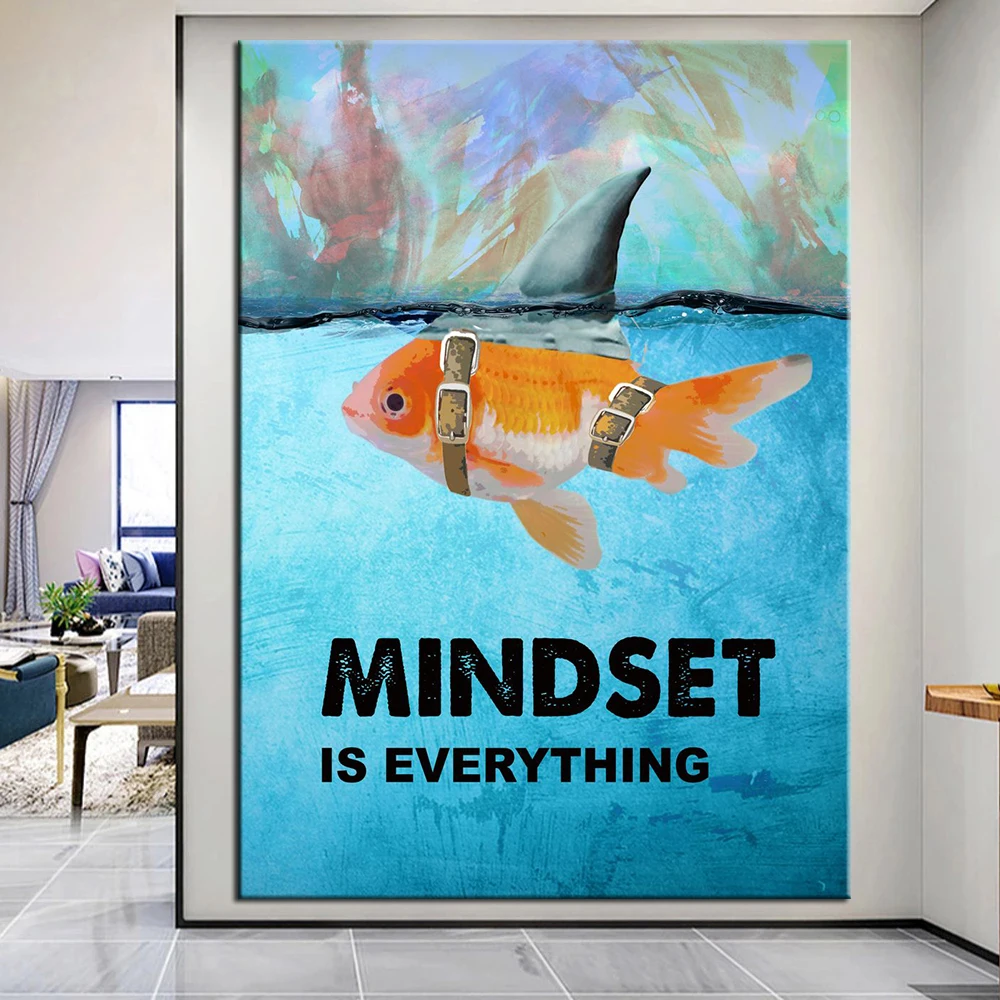 

Lion Goldfish Animal Mindset is Everything Inspirational Quote Canvas Painting Wall Art Pictures Poster Cuadros for Office Decor
