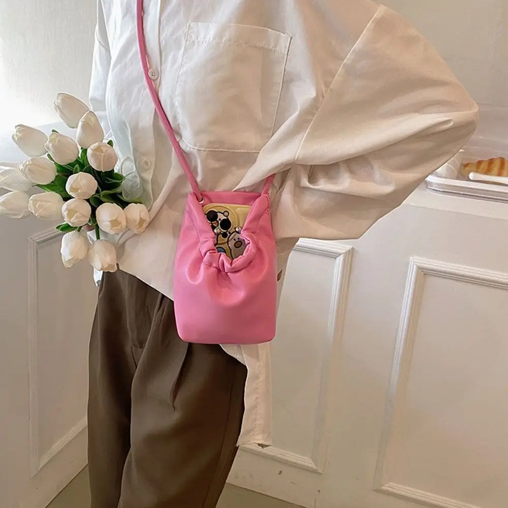 Candy Color Mobile Phone Bag Soft Leather Mini Drawstring Crossbody Bag Single Shoulder Bag Simple Trendy Women's Bag