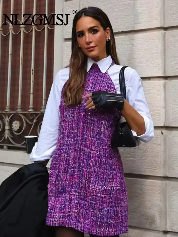 

Nlzgmsj TRAF Women Casual Loose Sleeveless Halter Knitted Dress Elegant Female Mini Vestidos 2023 Chic Party Vacation Solid Robe