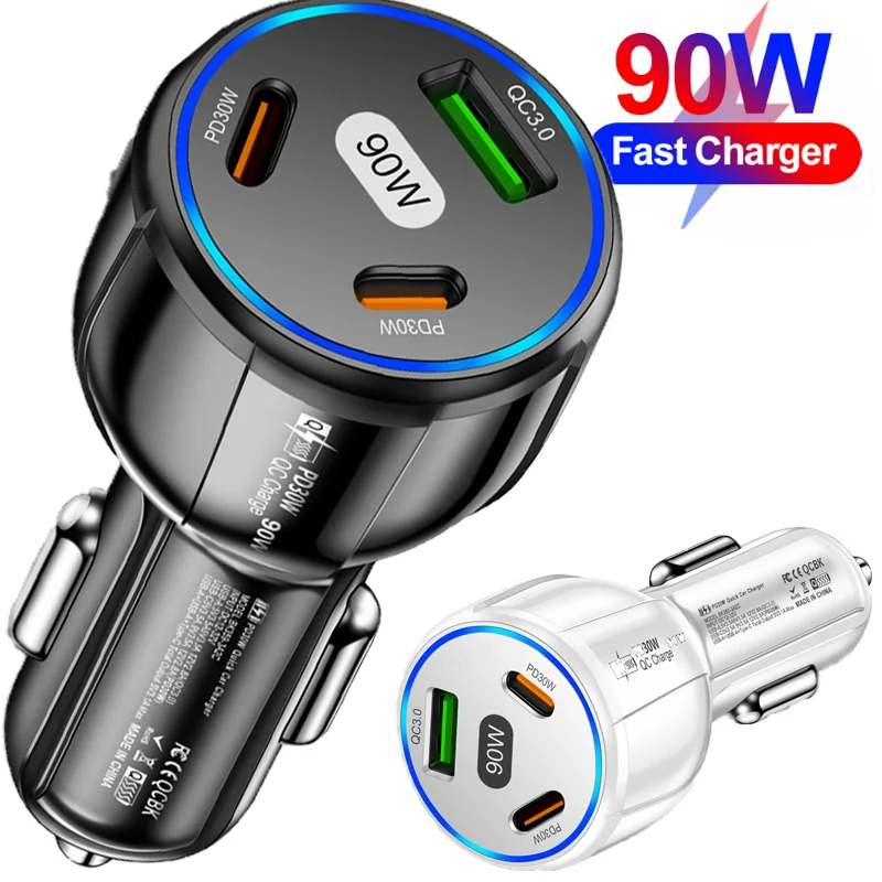 3-в-1 автомобильное зарядное устройство 90 Вт QC3.0 PD Тип C USB Высокое качество
