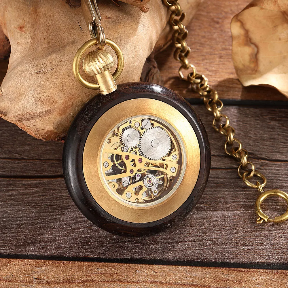 Wooden Gold Pocket Mechanical Watch Ladies Men's Hand Wind Chain Necklace Top Rose Black Wood Watches For Men and Women