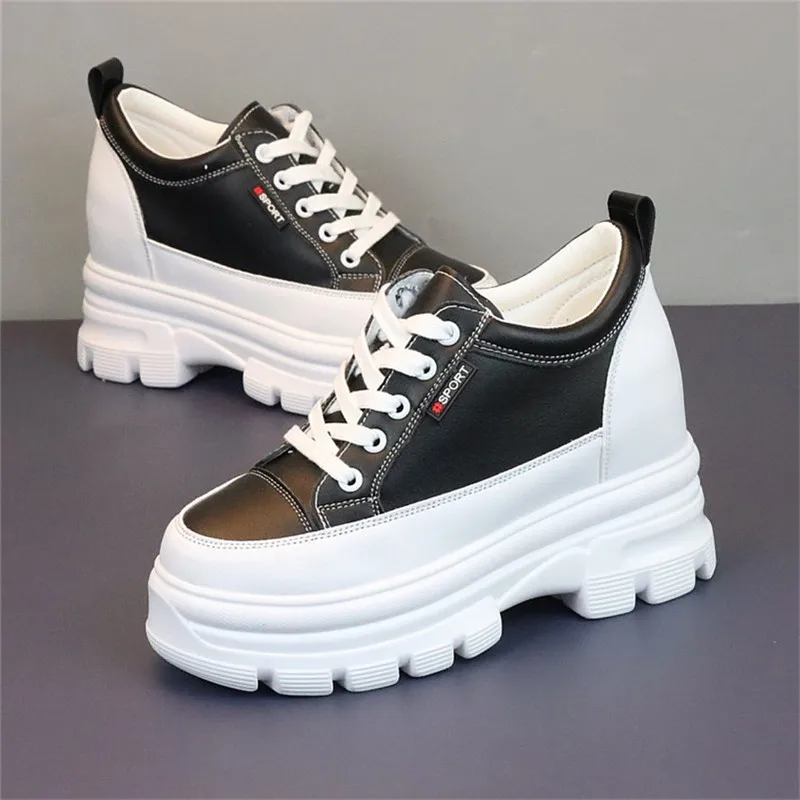 

8cm Women Spring Autumn Black White Sneakers Platform Wedge High Heels Female Fashion Increased Internal Comfort Casual Shoes