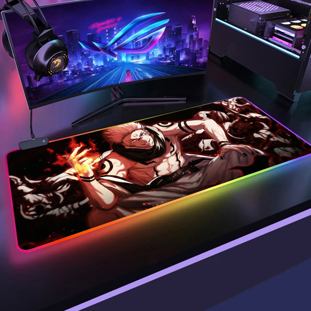 

Jujutsu Kaisen LED Light Gaming Mouse Pad RGB Soft Large Keyboard Rubber Base Computer Carpet Desk Pad PC Gaming Speed Mouse Pad