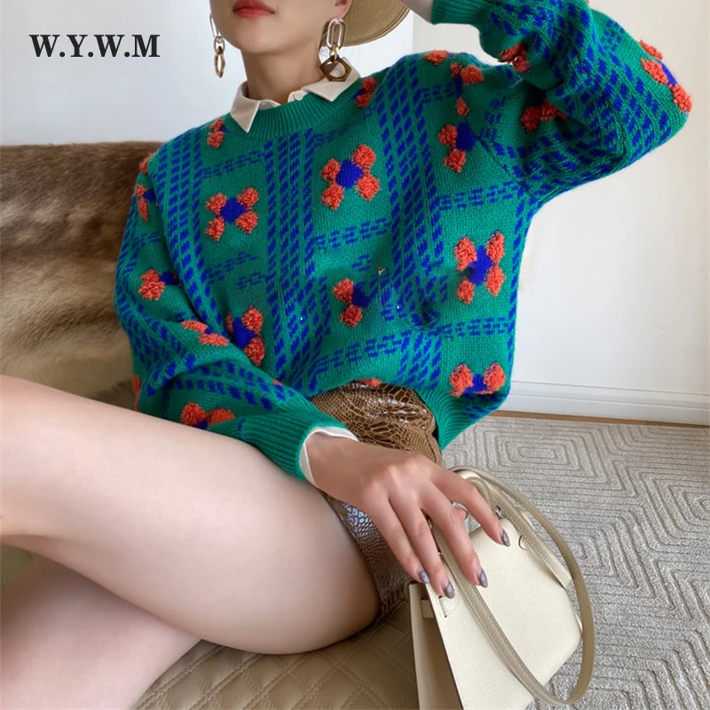 

WYWM Winter Trendy Floral Embroidery Pullover Sweater Women Loose O-neck Long Sleeve Knitwear Female Leisure All-match Jumpers