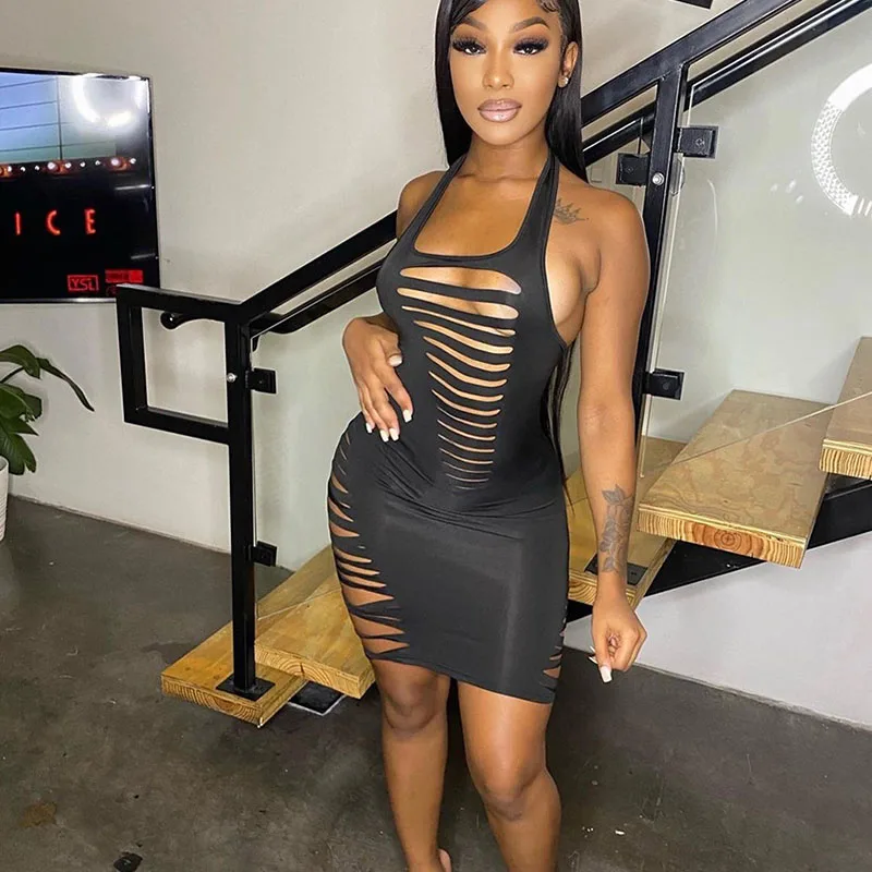 

Sexy Halter Hollow Out Hole Mini Dresses for Women 2022 Party Club Backless Bodycon Dress Sleeveless Midnight Black Dress Robe