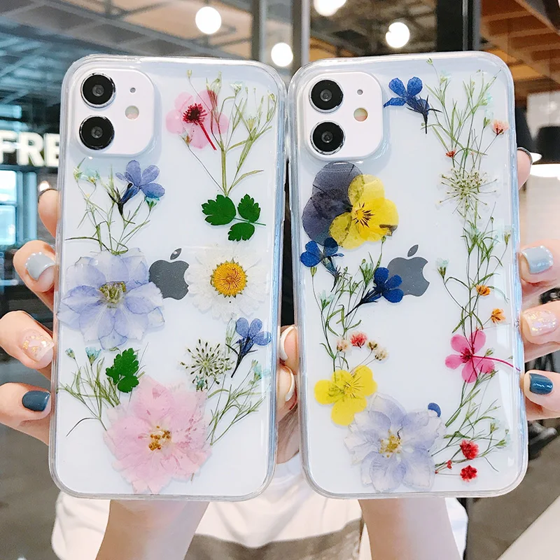 

Luxury Beautiful Real Dried Flower Case For iphone 13 12 11 Pro Max Mini XS X XR 8 7 Plus SE 2020 2022 Transparent Soft Cover