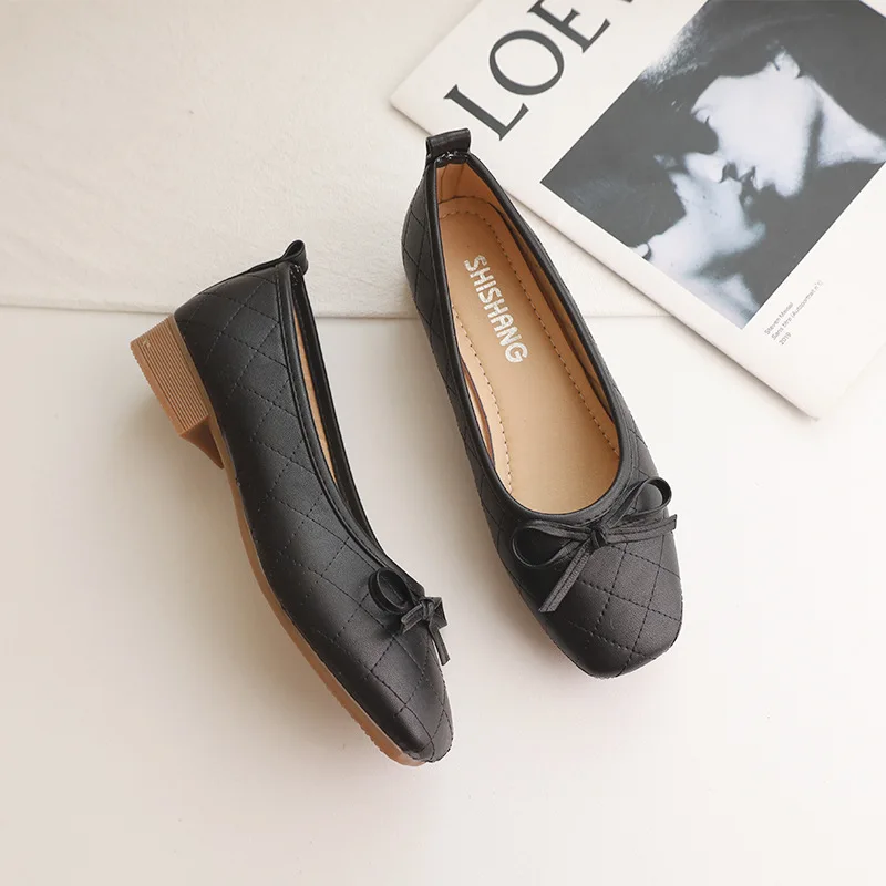 

Spring and Summer Square Toe Bow Work Shoes Women's 2022 New Low-heeled Women Shoes Slip-on Black Beanie Shoes Zapatos De Mujer