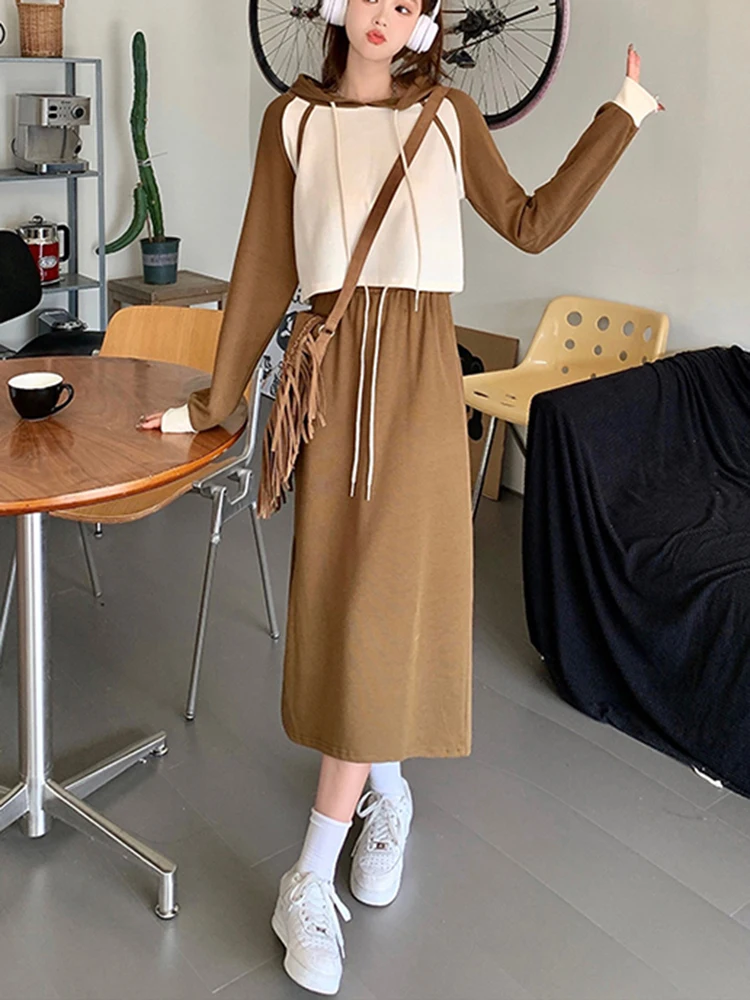 

WKFYY Women 2 Piece Set Causal Spliced Hooded Print Draw String Tops Shirt Hoodie Elastic Waist Ankle Long Skirt Dress Set T4982