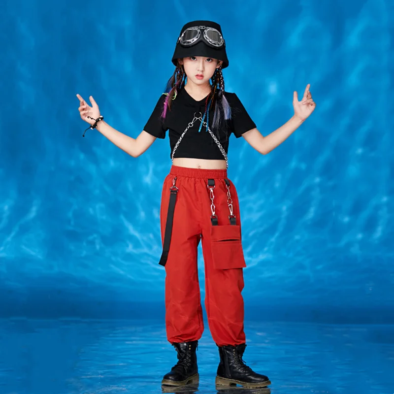 

Girls Hip Hop Crop Top Joggers Kids Chain Short Sleeve T-shirt Cargo Pants Streetwear Child Jazz Dance Costume Teen Clothes Sets