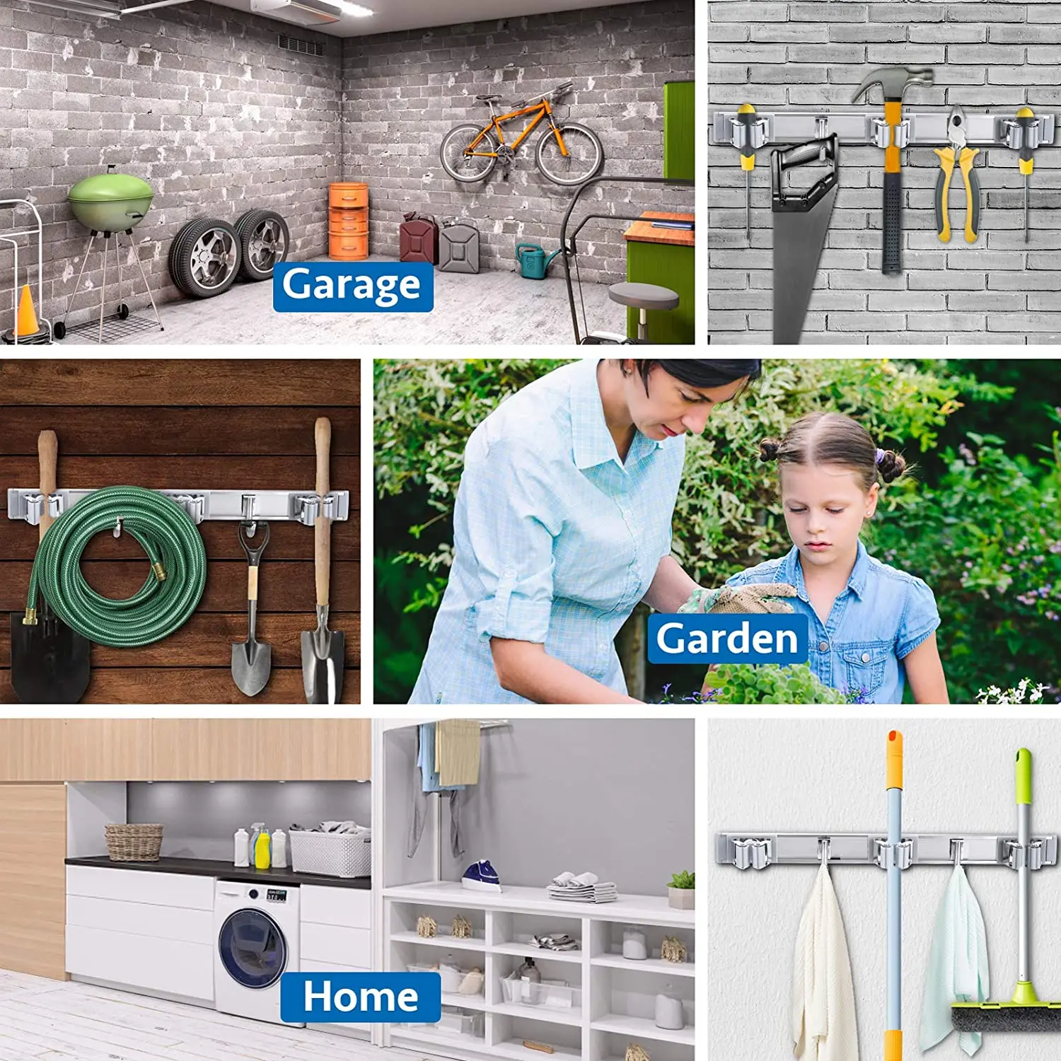 

Broom Holder Wall Mount with Slidable 5 Racks and 6 Hooks - Stainless Steel Mop Organizer for Tool Organization and Storage 61cm