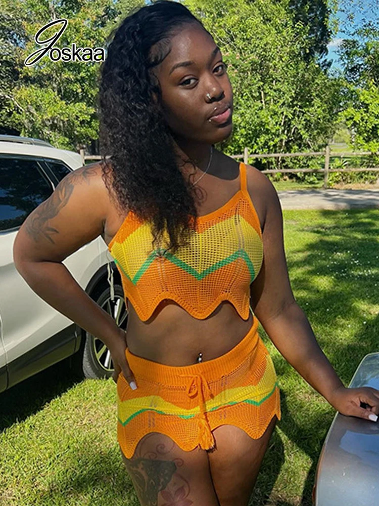 

Женский трикотажный комплект из двух предметов Joskaa, Асимметричный топ на бретелях и мини-юбка на завязках, летняя уличная одежда