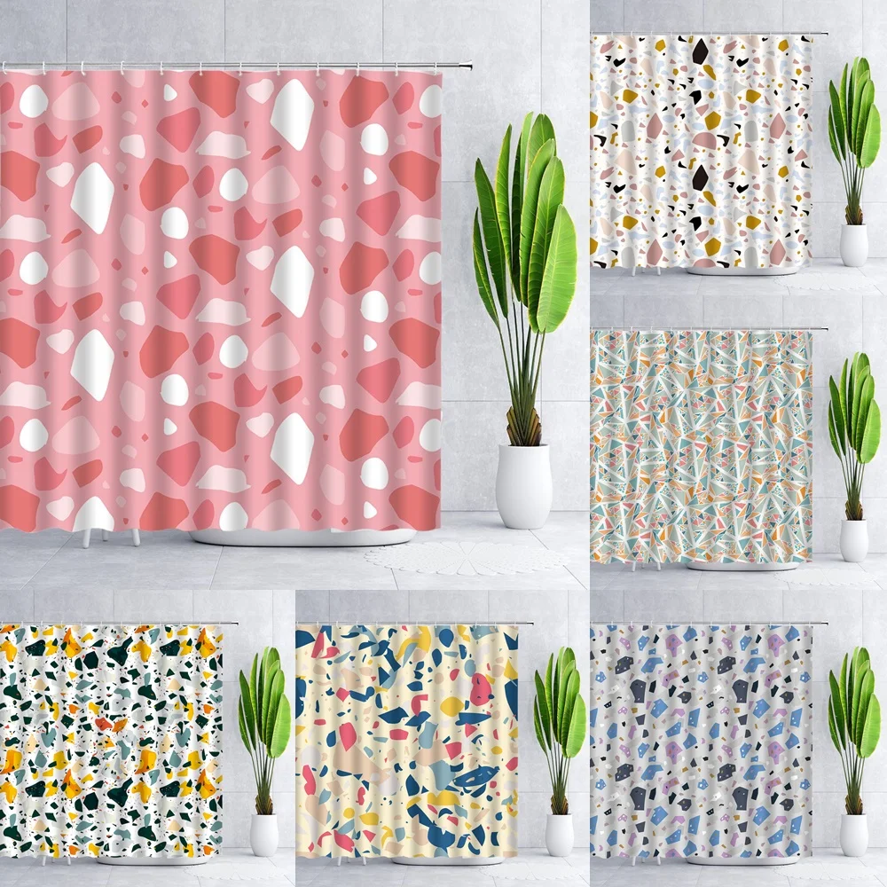 

Terrazzo Shower Curtain Marble Abstract Granite Pink Tiles Broken Stone Geometric Modern Creative Fabric Bathroom Curtains Home