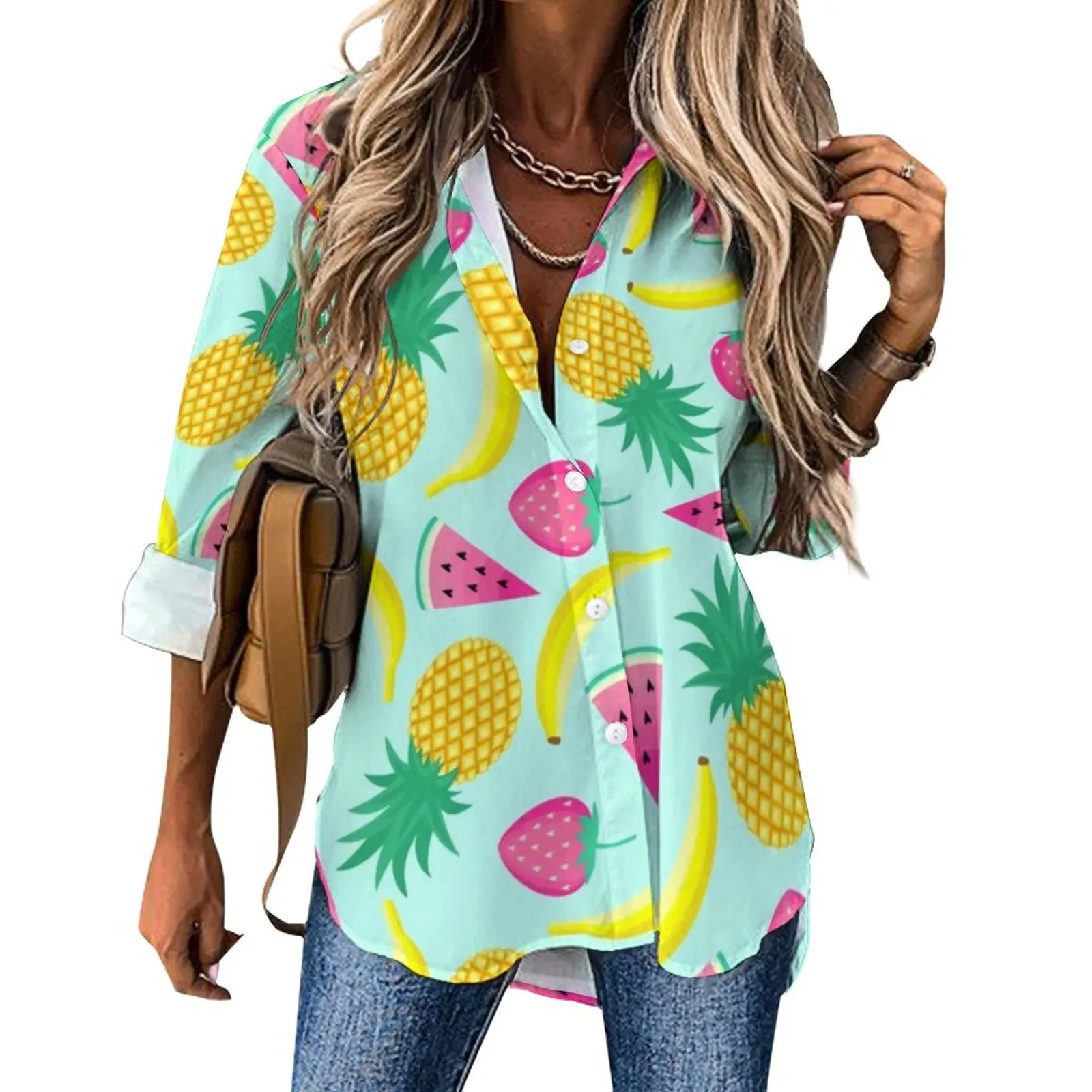 

Banana Pineapple Blouse Woman Funky Fruit Print Casual Loose Blouses Summer Long-Sleeve Cute Shirts Graphic Clothing Big Size