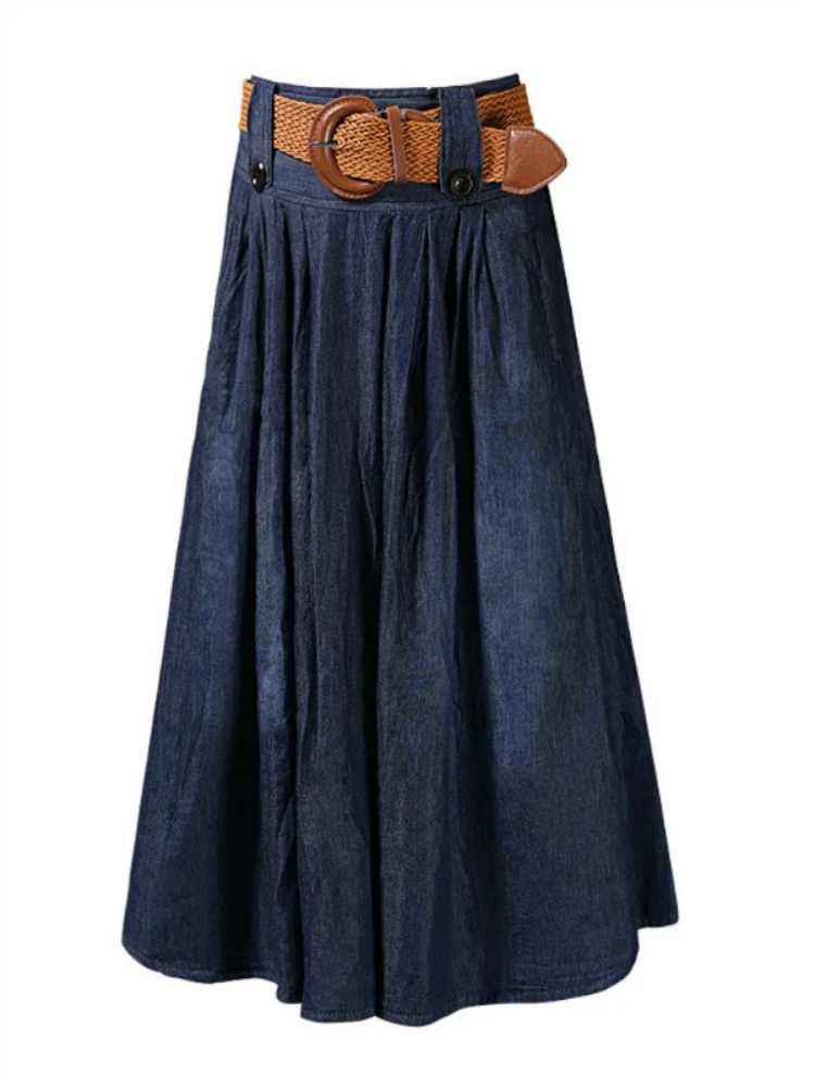 

Merry Pretty Women Sashes Denim Skirt Pleated Skirt 2022 Autumn Elasticity Waist Long Jeans Skirt Casual Solid Midcalf Skirt