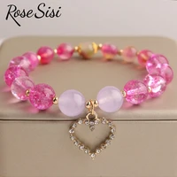 rose sisi european style 10mm crystal womens bracelet for women heart pendant elastic bracelet jewelry for women gift for girl