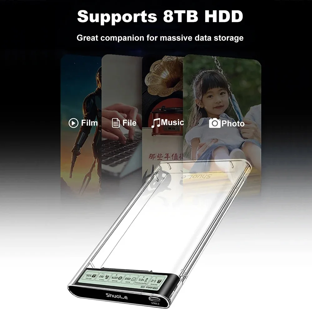 Фото Чехол для жесткого диска с умным дисплеем, 2,5 дюйма, SSD-накопитель USB3.2 Gen2, прозрачный внешний корпус для жесткого диска с жестким диском 5 Гбит/с, портативный чехол для хранения ноутбука №5