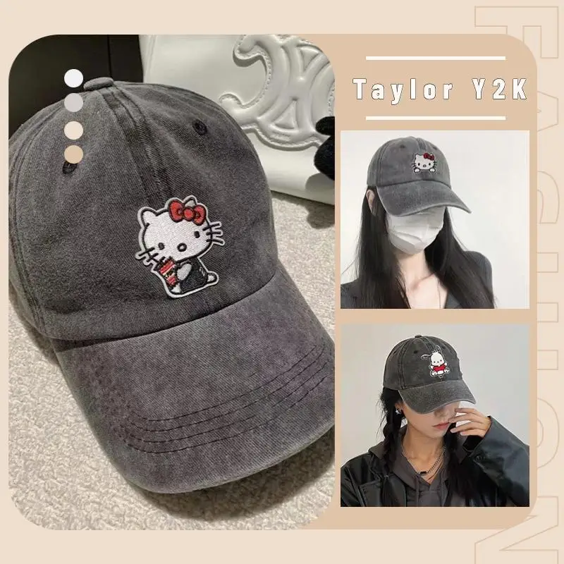 

Kawaii Sanrio Hello Kitty Baseball Hat Anime Pachacco Sunshade Hat Fashion Retro Made Old Wash Denim Peaked Cap Y2K Spicy Girl