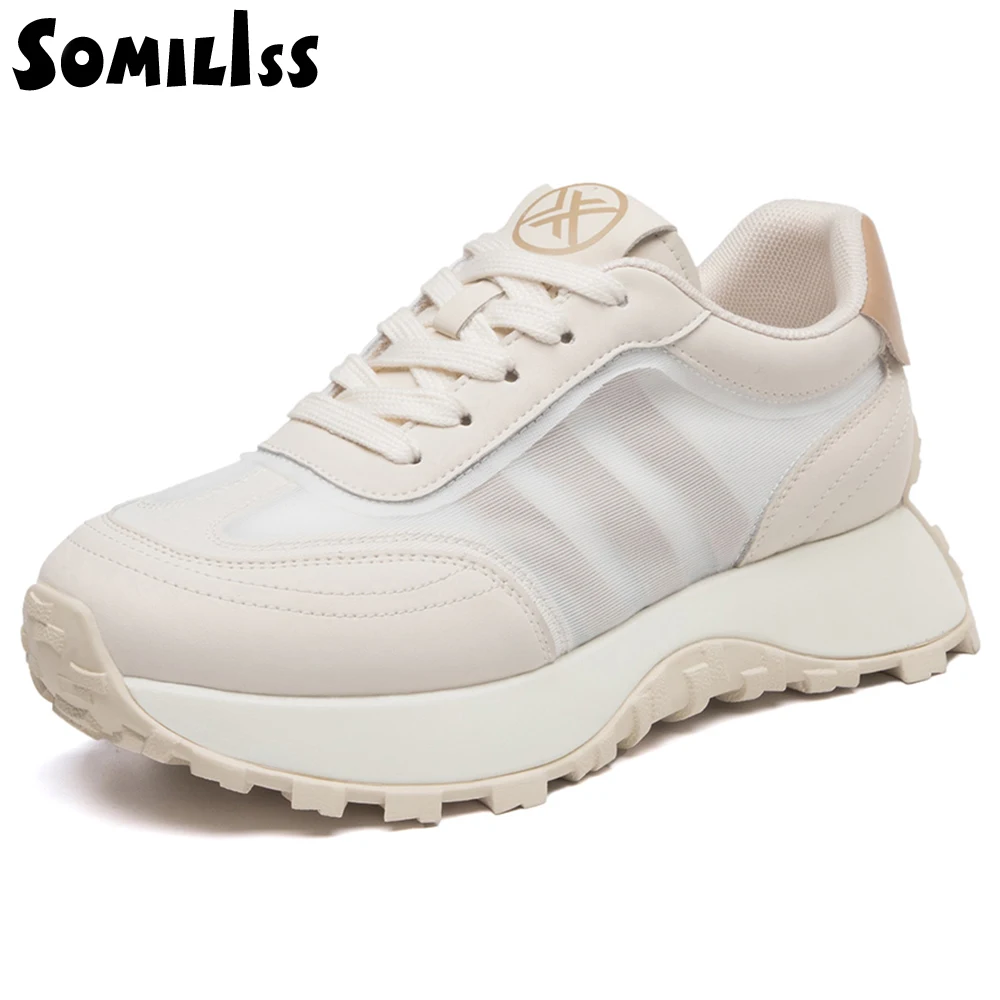 SOMILISS Women Platform Casual Sneakers Genuine Leather Tulle Patchwork Designer Round Toe Lace Up Spring Summer Ladies Shoes