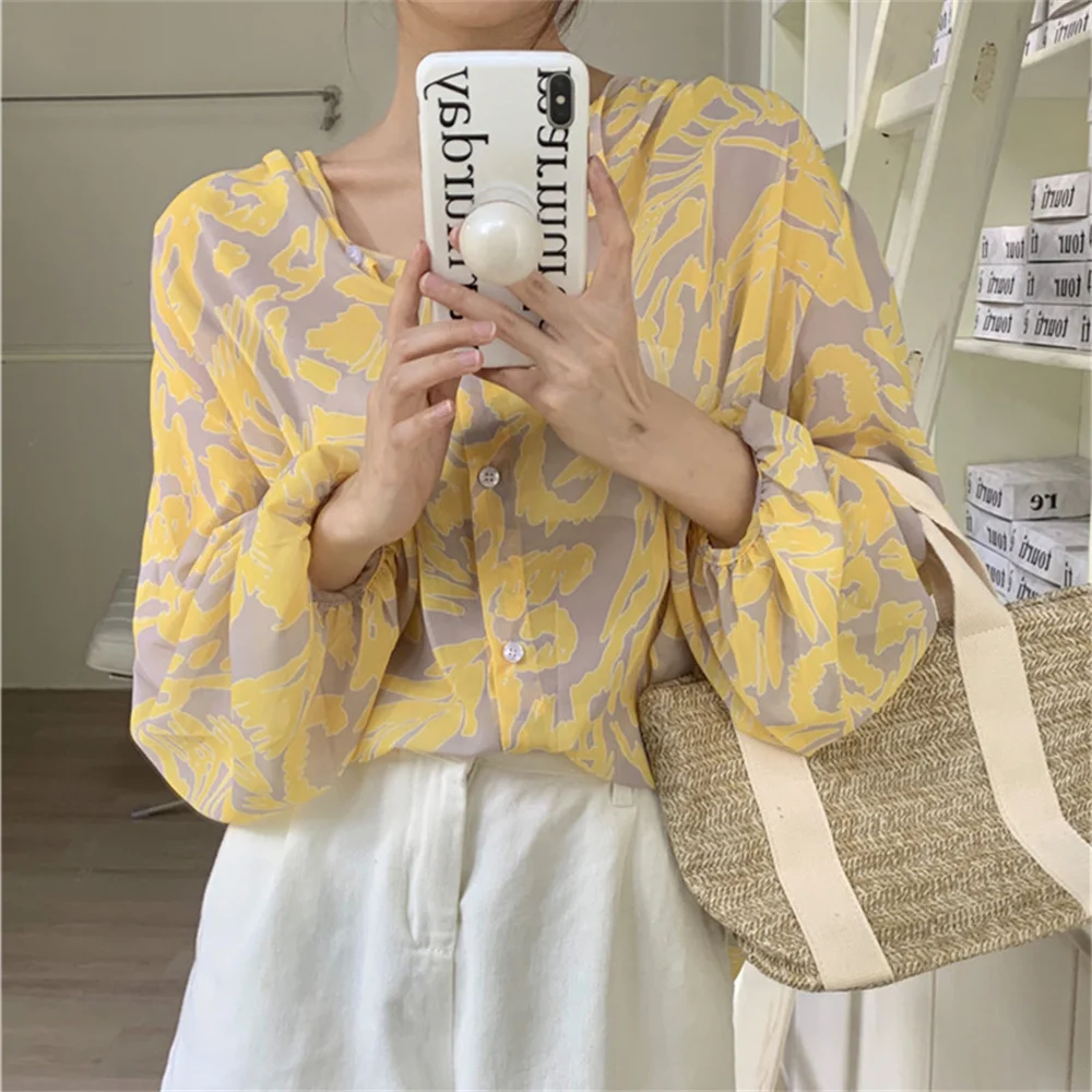 

HziriP Yellow Shirts Printed Hot Slim Women New Full Sleeve 2022 Sunscreen Elegant Work Wear Chic Office Lady Summer Loose