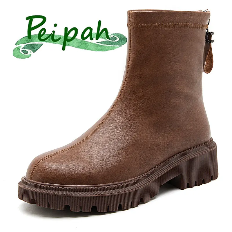 

PEIPAH Fashion Winter Ankle Rubber Boots Women Platfrom Punk Solid Genuine Leather Shoes Ladies Casual Round Toe Botas De Mujer