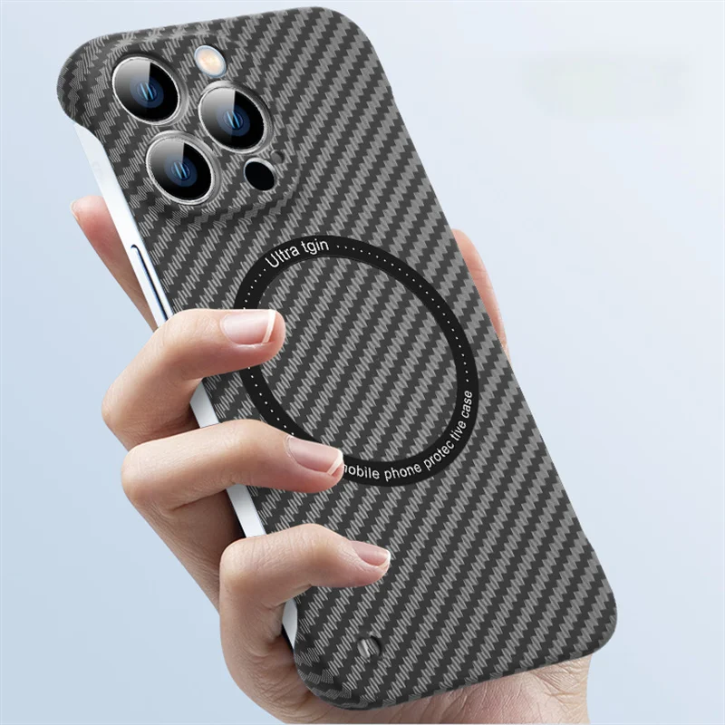 

Carbon Fiber Texture Frameless For Magsafe Magnetic Wireless Charge Case For iPhone 14 13 12 11 Pro Plus Max Shockproof PC Cover
