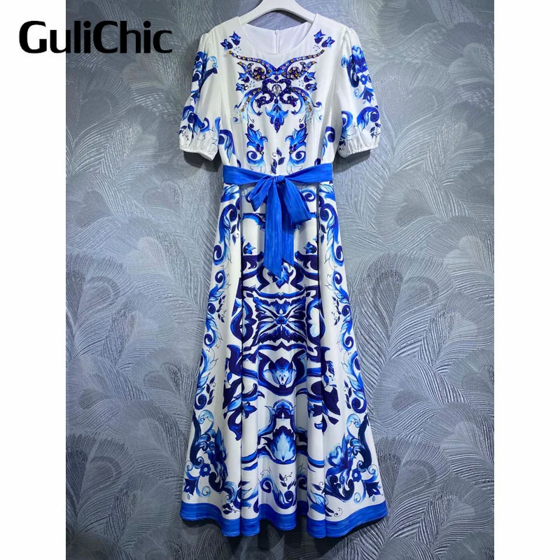 

4.25 GuliChic Luxury Crystal Diamonds Beading Lace-Up Bow Collect Waist Temperament Print Long Dress Women