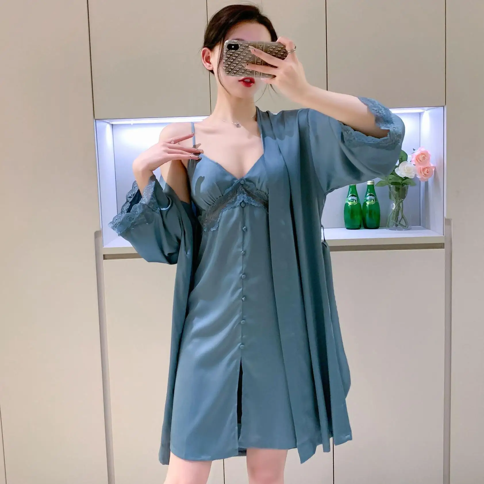 

Комплект кружевной ночной рубашки, летний женский Атласный халат, ночная рубашка, пикантная одежда для сна, повседневное интимное нижнее бе...