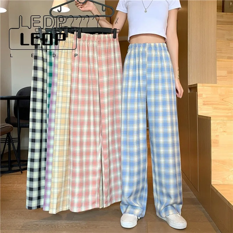 

LEDP Summer High Waist Hip-hop Streetwear Straight Pants Thin Plaid Pants Women Casual Loose Wide Leg Trousers KoreanStyle Women