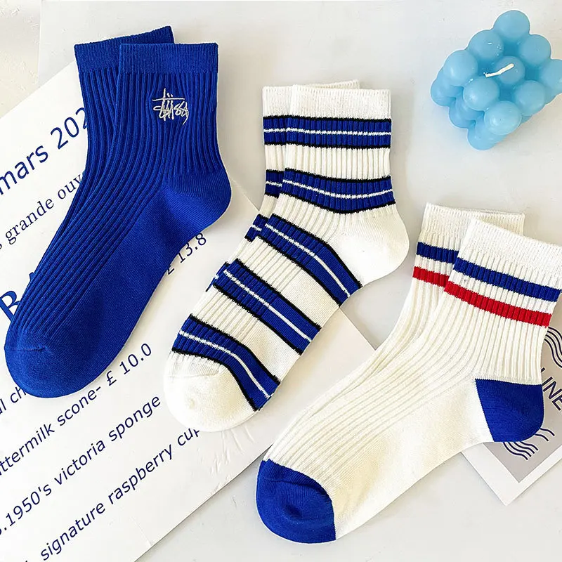 

2 pairs Cotton Casual Spot Hosiery Women's Embroidery Horizontal Stripe Youth Tube Fashion Hosiery Kawaii Men and Women Socks