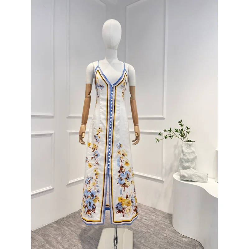 

2023 Top Quality Linen Spring Summer Beach Style White Floral Printing Backless V-neck Midi Dresses Women