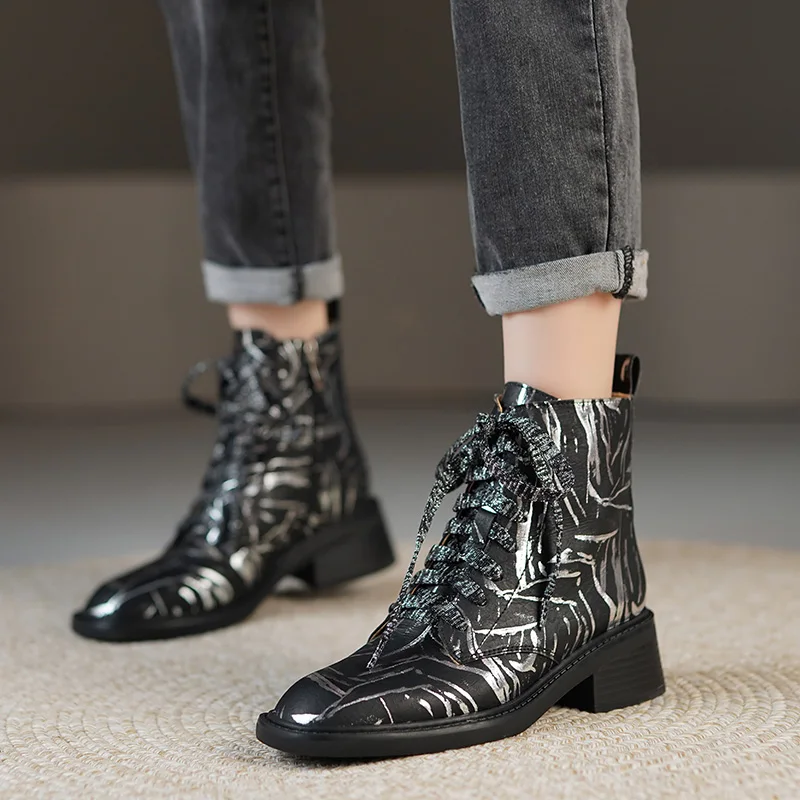 

Boots Women 2022 Winter Shoes Woman High Heel Lace Up Ankle Boots Women's Low Heel Zipper Lace Up Leather Boots Zapatos Mujer 40