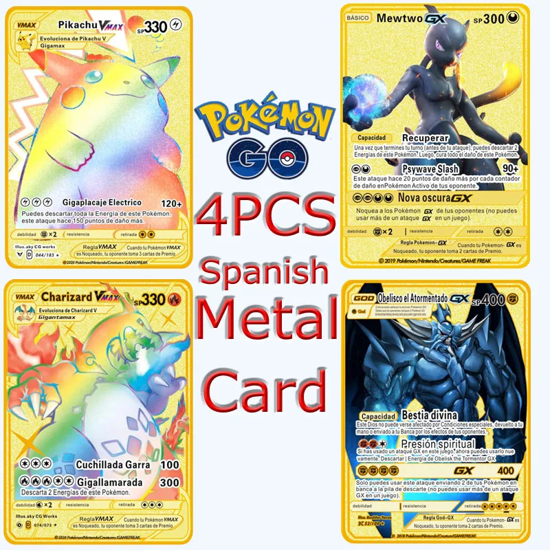 

4PCS Pokemon Spanish Metal Cards Playing Game Anime Gold Card Charizard Pikaqiu Cards Collection Kawaii Children Birthday Gifts