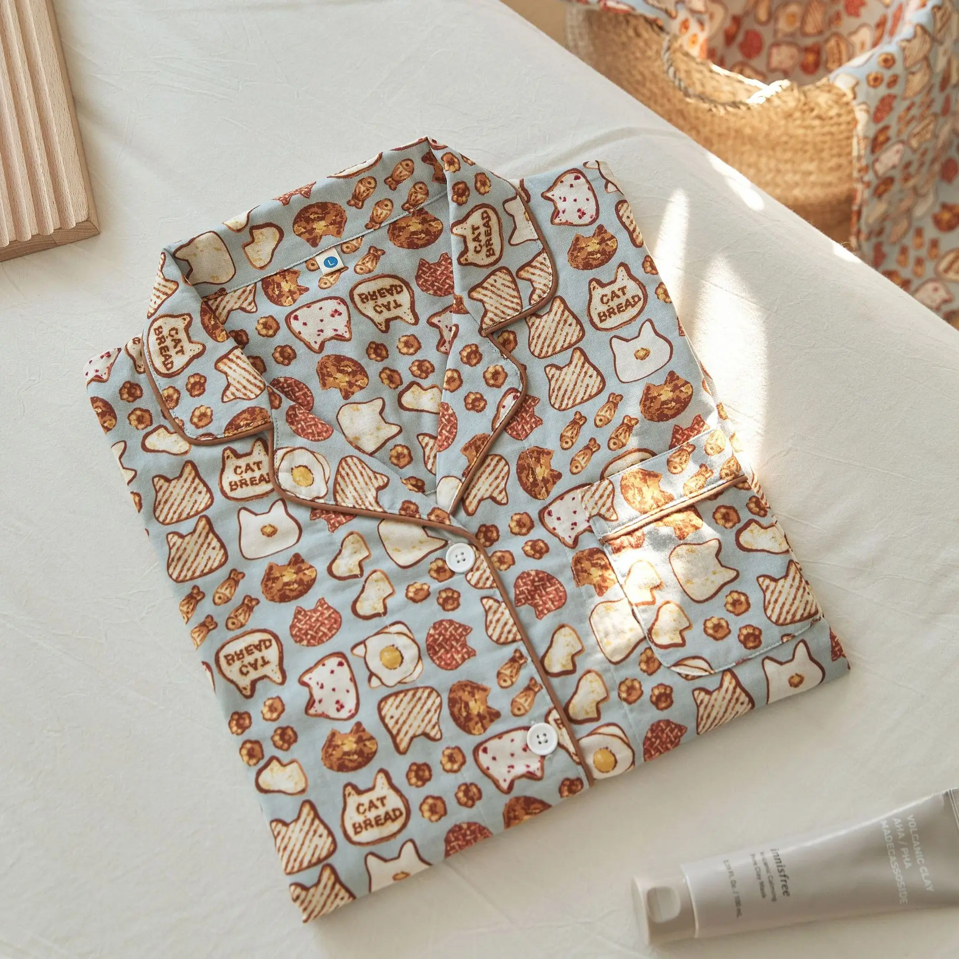 Nordic niche pure cotton pajamas men's and women's thin style gauze long-sleeved couple home clothes set spring and autumn soft