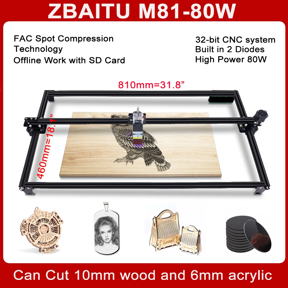 ZBAITU 40W/80W Laser Engraver Cutter, 81x46CM Printing Size CNC Engraving Machine For Wood Acrylic Paper Glasses Cup Leather enlarge