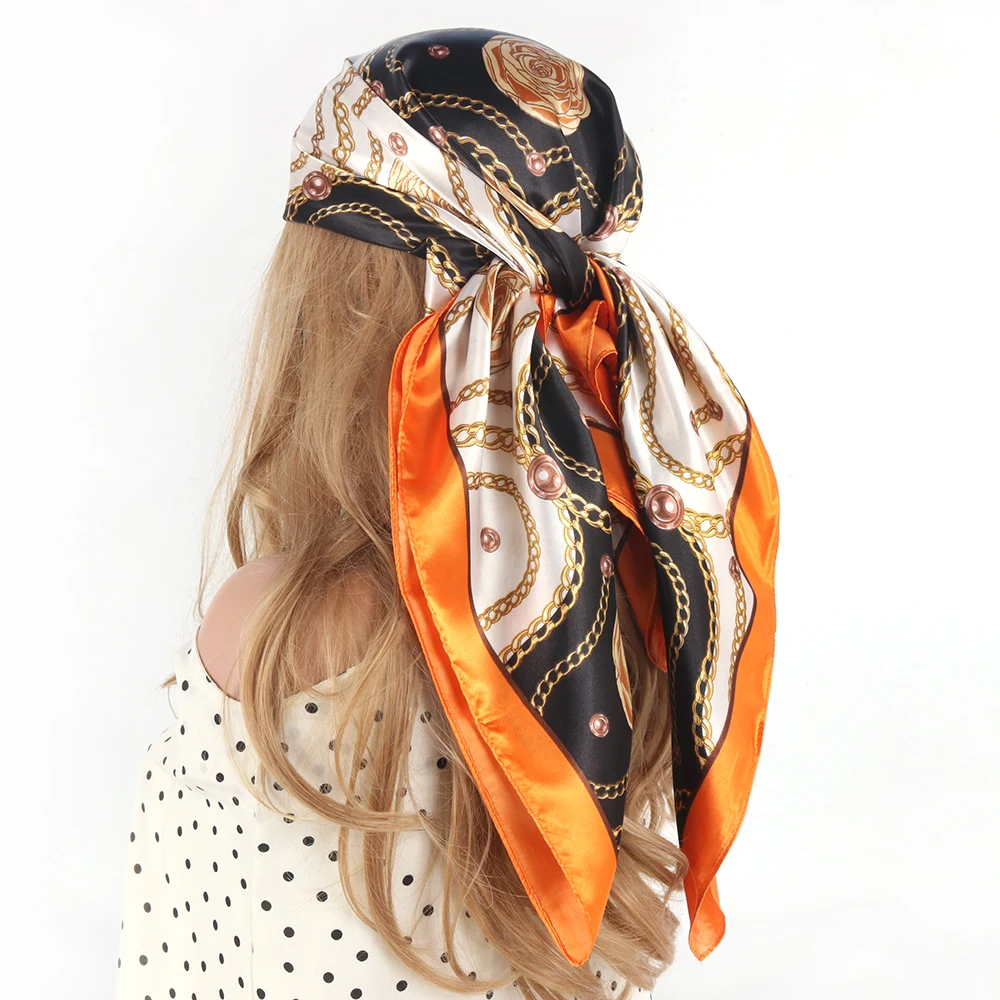 Шарф для волос 90*90 см женский платок с розой мягкий атласный квадратный шелковый