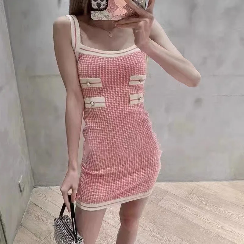 

2022 Bird Lattice Tank Pink Knitted Dresses Women Summer Contracted Hip Dress Sexy Splicing Vintage Party Pencil Femal Dress