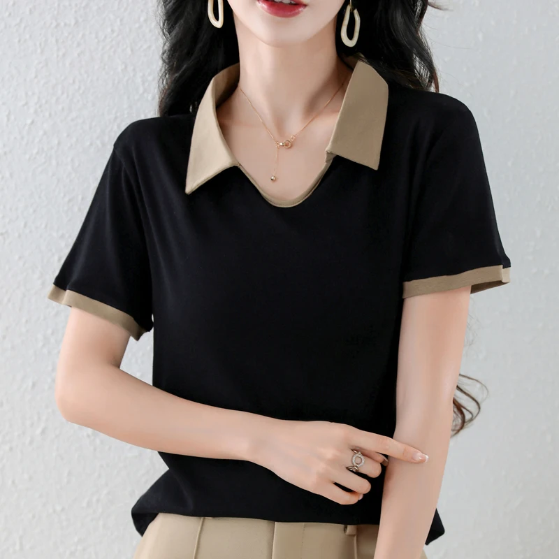 

Женская футболка с коротким рукавом, свободная дизайнерская офисная рубашка из чистого хлопка, повседневный топ с соединением, женская одежда, новинка 2023, лето 26904
